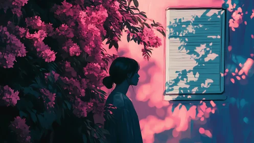 Quiet evening silhouette beside glowing garden blossoms.