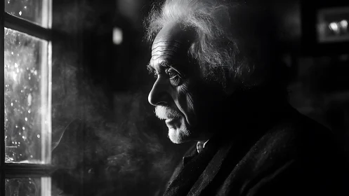 High-contrast side-lit elderly man in contemplative window profile