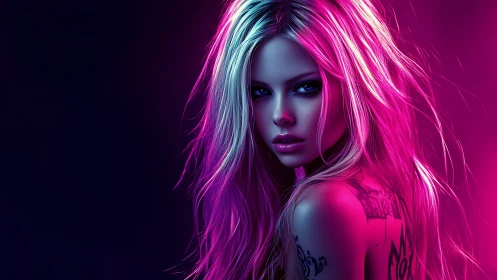 Neon lit tattooed woman gazes back under magenta glow