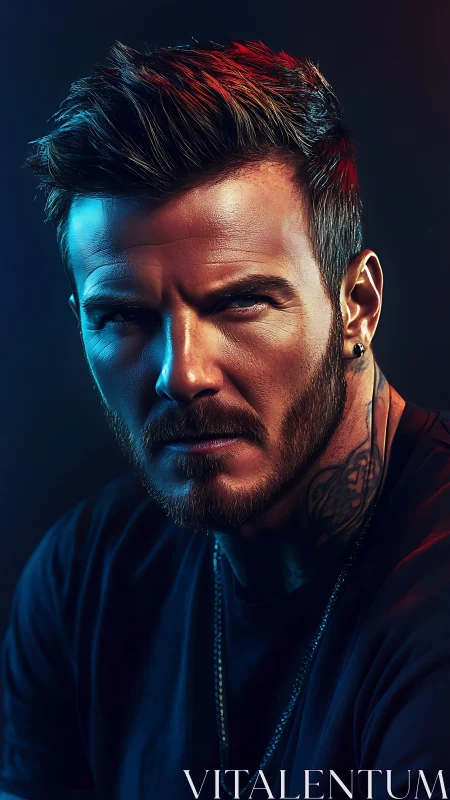 Intense male portrait under neon edge lighting, blue red contrast