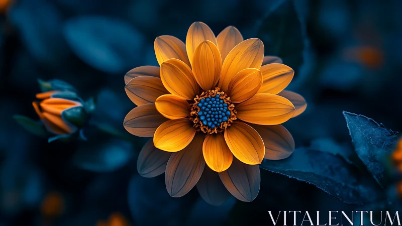 Orange Dahlia with Blue Center Against Dark Blurred Background.