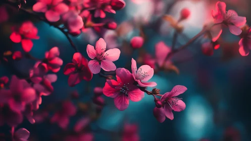 Pink Blossoms Against Teal Background with Selective Focus.