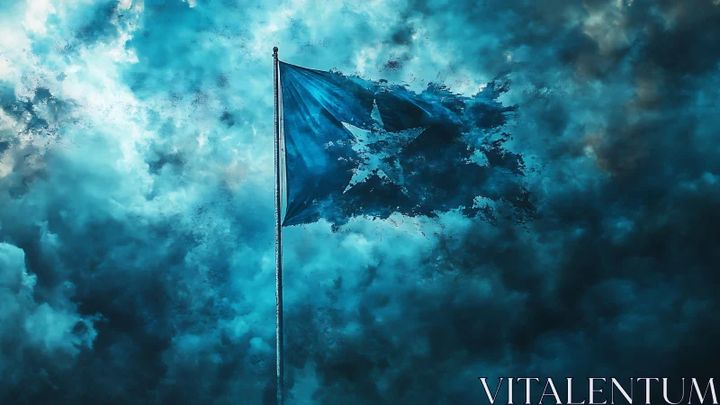 Tattered cyan star flag disintegrating within turbulent clouds