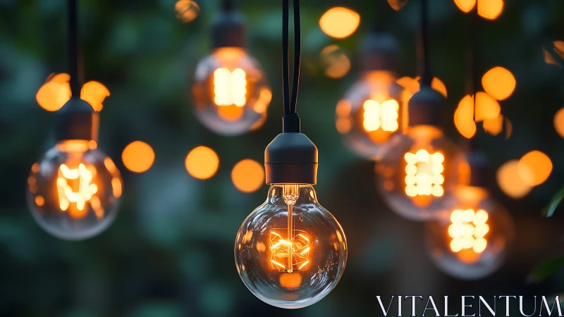 Warm string lights glow softly in a tranquil garden evening