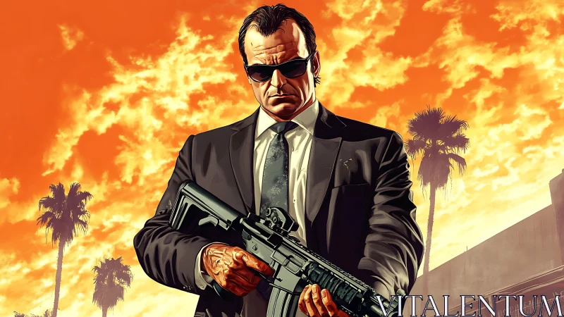 Gun-toting suited enforcer stands under searing orange sky