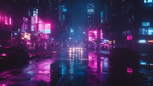 Rain-soaked neon urban street with reflective wet roadway.