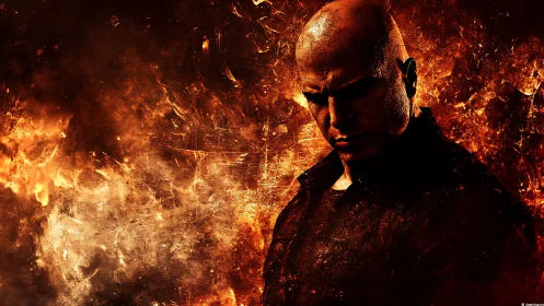 Brooding warrior stands strong amid swirling fire and ash.