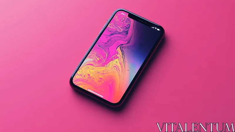 Smartphone with Liquid Gradient Wallpaper Against Pink Surface