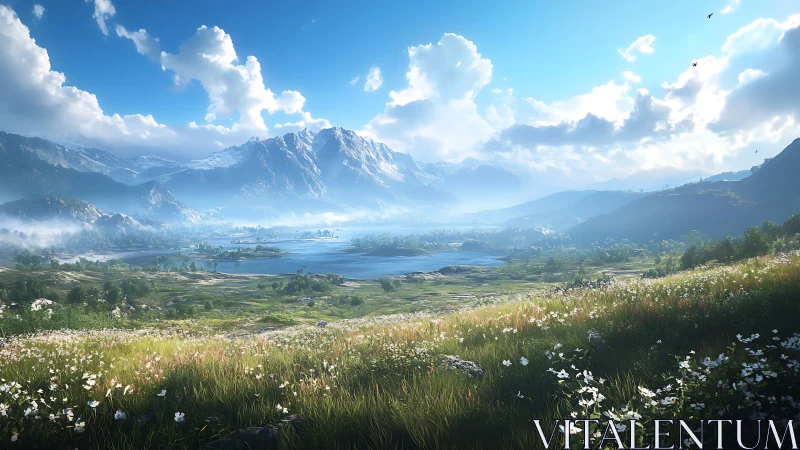 Digital landscape panorama with alpine lake and wildflower meadow.