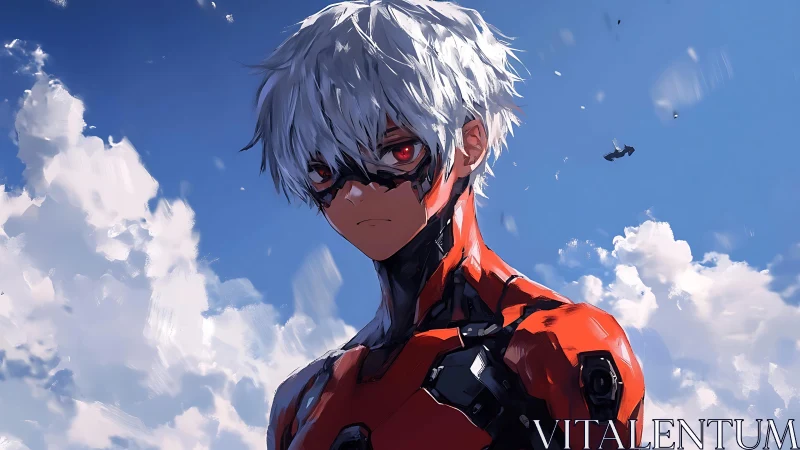White-haired figure in red exosuit stands under open sky