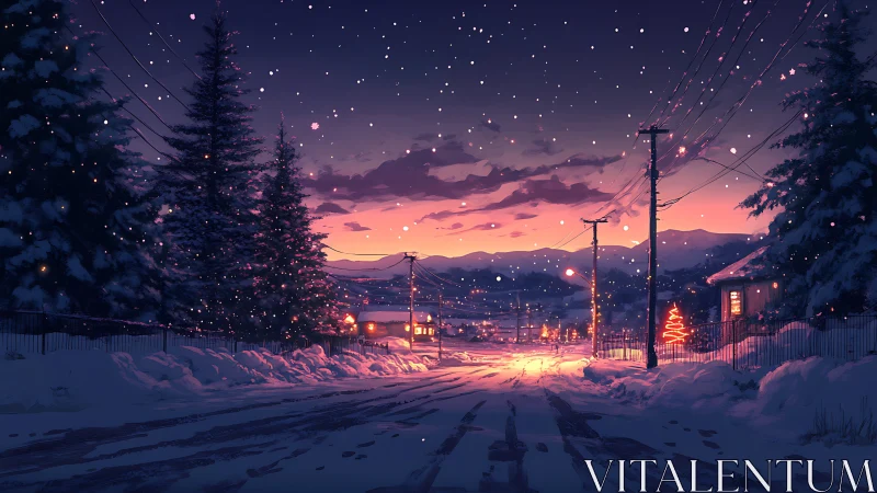 Snowy small town street at sunset with glowing lights.