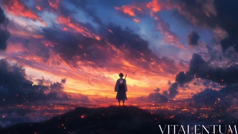 Solitary warrior watches burning horizon over distant city.