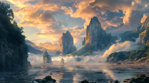 Mountainous coastal landscape with mist and reflective water.