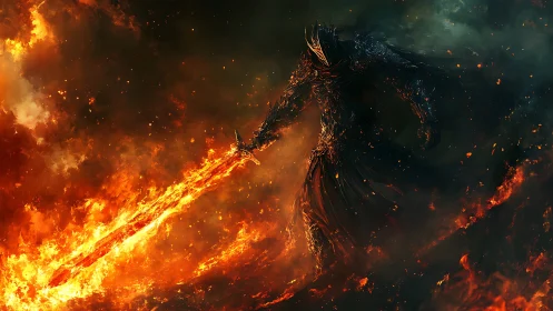 Digital painting of infernal swordsman within cascading flame fields.