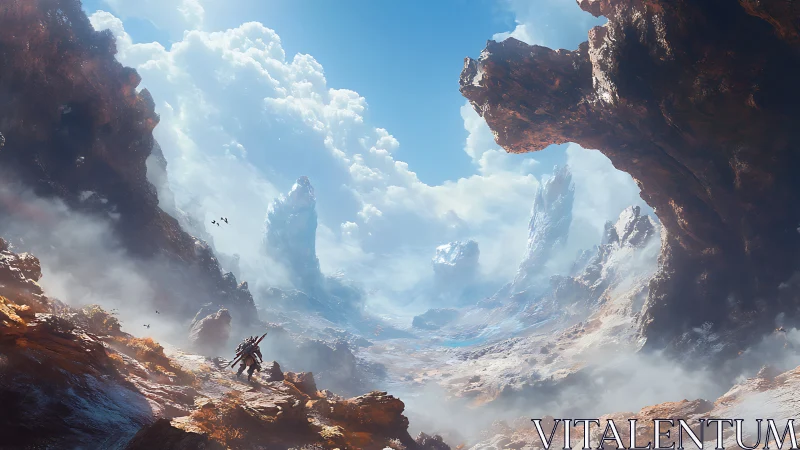 Lone traveler crossing a misty alien canyon under bright sky.