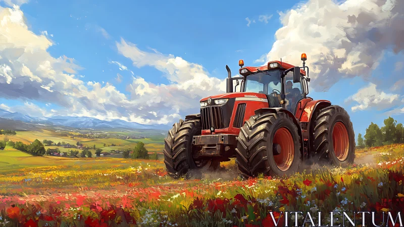 Red tractor crossing colorful wildflower farm field.