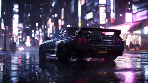 Midnight street racer resting under neon city rainfall.