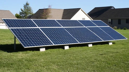 Ground-mounted solar panel array powers a sunny suburban yard