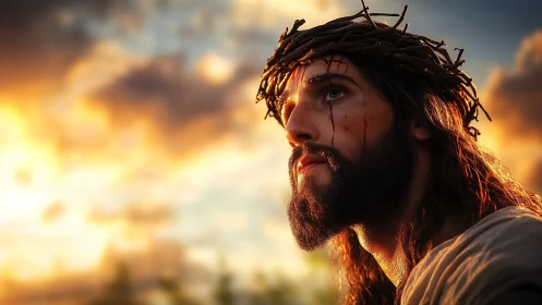 Close-up portrait of wounded bearded man in thorn crown