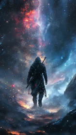 Stargazer wanderer striding into a burning cosmic rift.