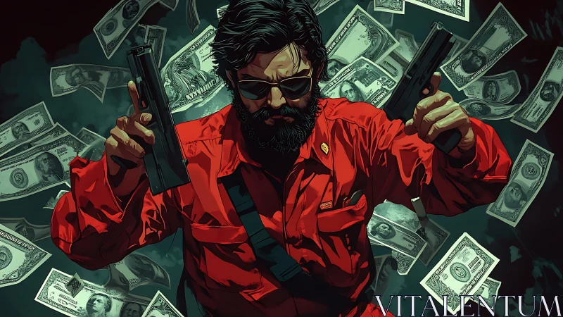 Bearded figure in red jumpsuit holds two pistols amid banknotes