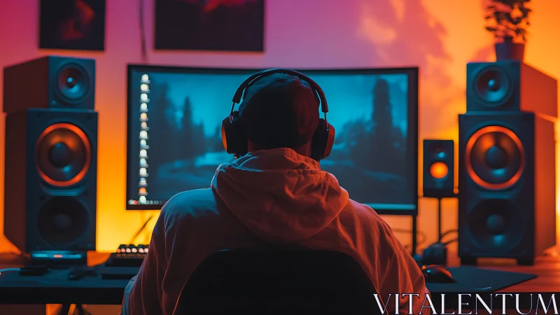 Neon soundscape gamer framed by glowing studio speakers.