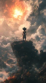 Lone spiky‑haired warrior watching a burning newborn sun.