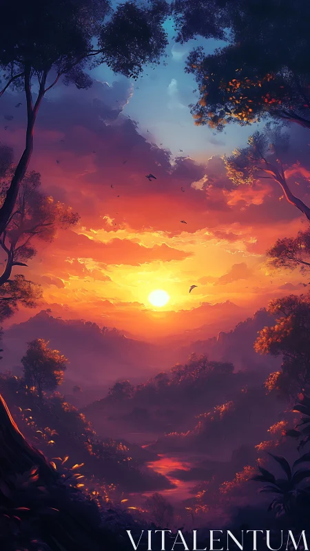 Golden sunrise over dreamy forest valley bathed in light.