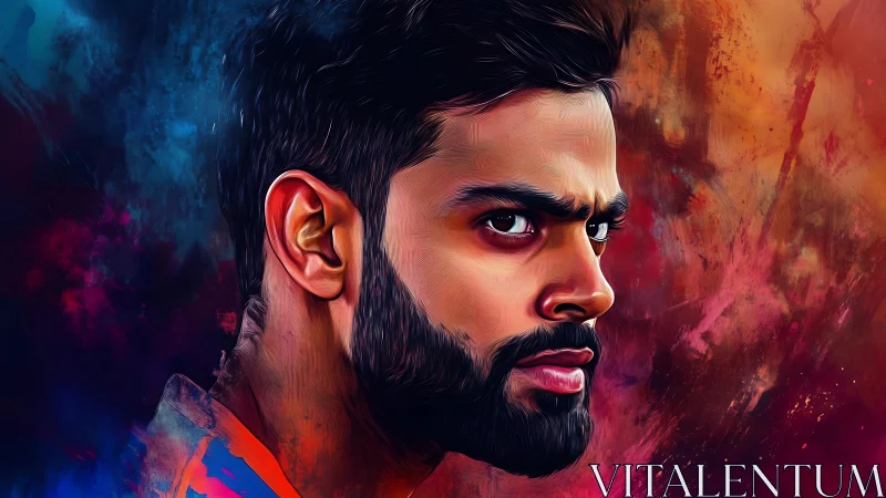 Intense male portrait in vibrant dual-toned digital painting.