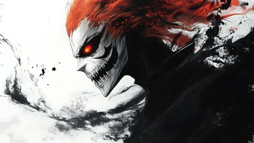 Fiery red eyed skull entity in dynamic black smoke motion.