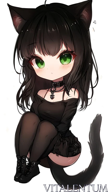 Emerald eyed goth neko girl in chibi anime style portrait.