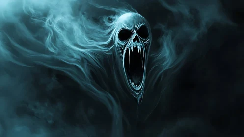 Shrieking spectral skull swirling from midnight mist.