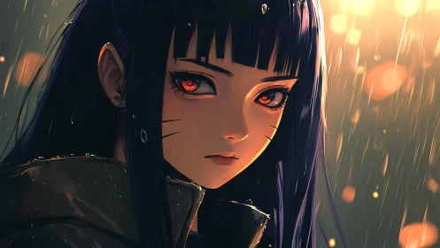 Rainlit anime heroine with quiet strength and glowing eyes.