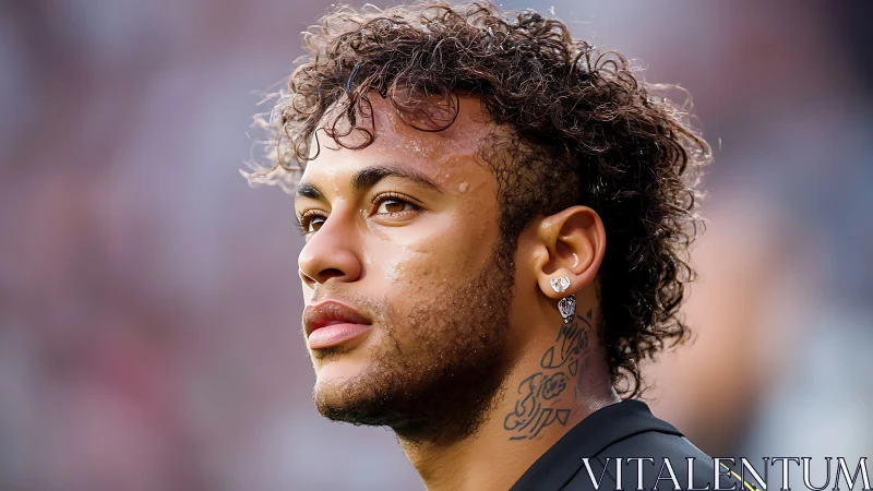 Focused footballer under stadium glow, curls crowned in sweat.