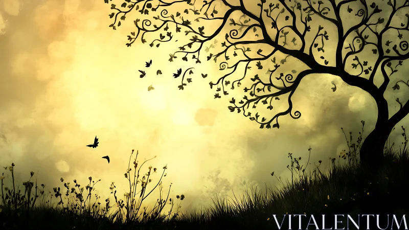 Whispers of dusk under a curling tree of tiny wings.