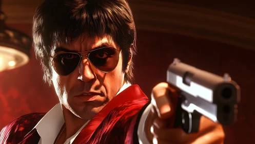 Cinematic digital gunman rendered with tense frontal perspective.