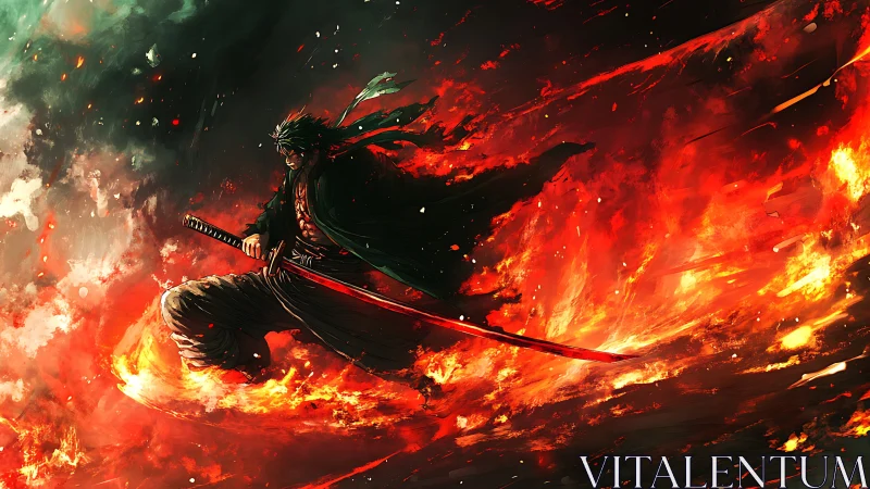 Fiery samurai warrior carving a glowing path through flame.