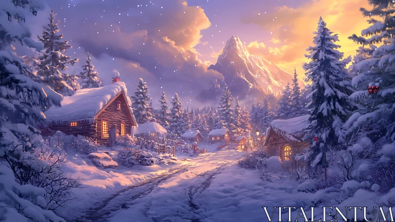 Snowy mountain village glowing with cozy winter magic.