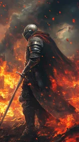Armored figure stands in burning landscape with drawn sword