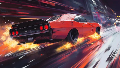 Retro muscle car in kinetic neon street drift ignition.