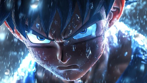 High-intensity anime portrait uses wet-surface shaders and rim lighting
