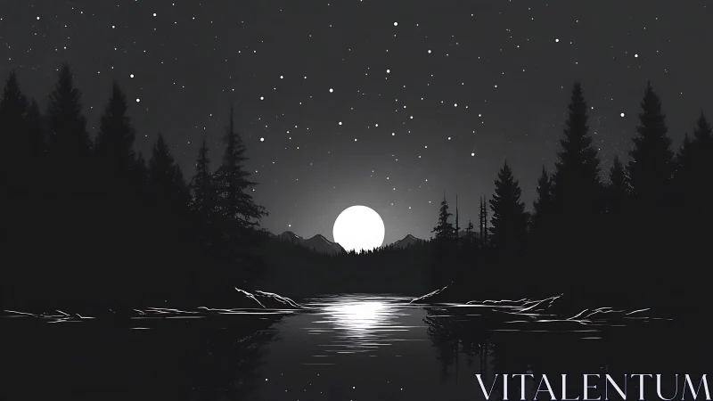 Monochrome moonlit forest lake under a starry night sky.