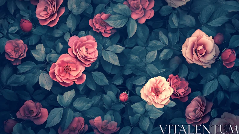 Velvet Garden Whispers: Where Roses Dance in Teal Shadows