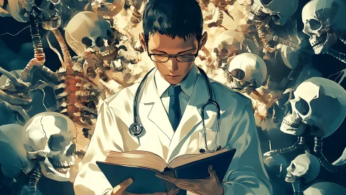 Doctor reads anatomical text while surrounded by skulls