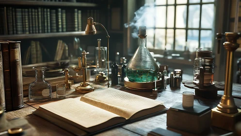 Historic laboratory desk with open book and glass apparatus.