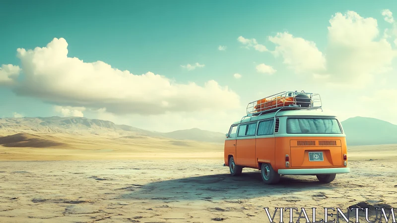 Retro orange van parked on arid desert plain under turquoise sky