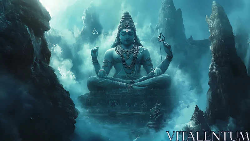 Colossal meditative deity rendered in ethereal teal light