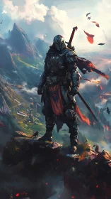 Armored wanderer overlooking burning fantasy valley at dusk.