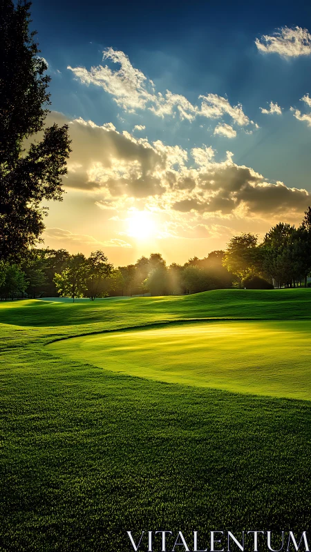 Sunlit fairway hush under a glowing horizon sky.