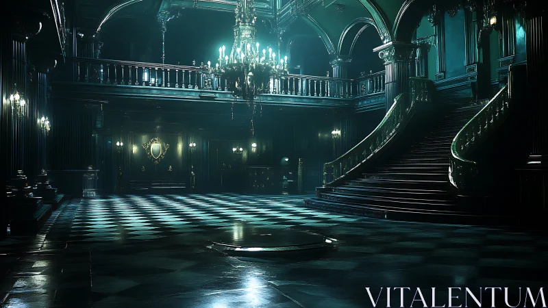 Gothic grand hall with sweeping staircase and eerie glow.